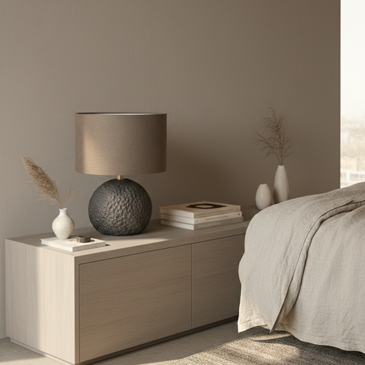 Orb 50 grey concrete table lamp with brown wool shade – Monolith collection
