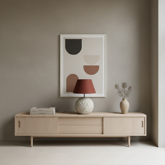 Modern living room with a wooden console table, lamp, and abstract art on a beige wall.