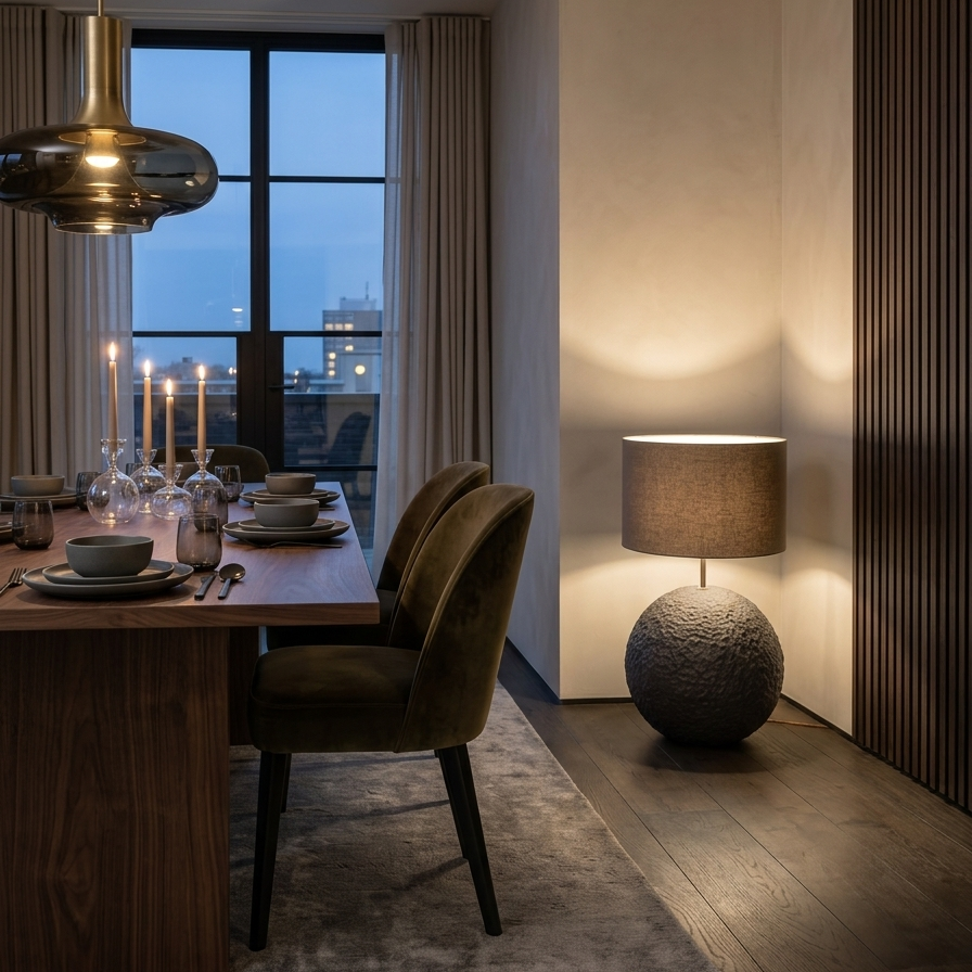 Orb 50 greige concrete floor or table lamp with brown wool shade – Monolith collection