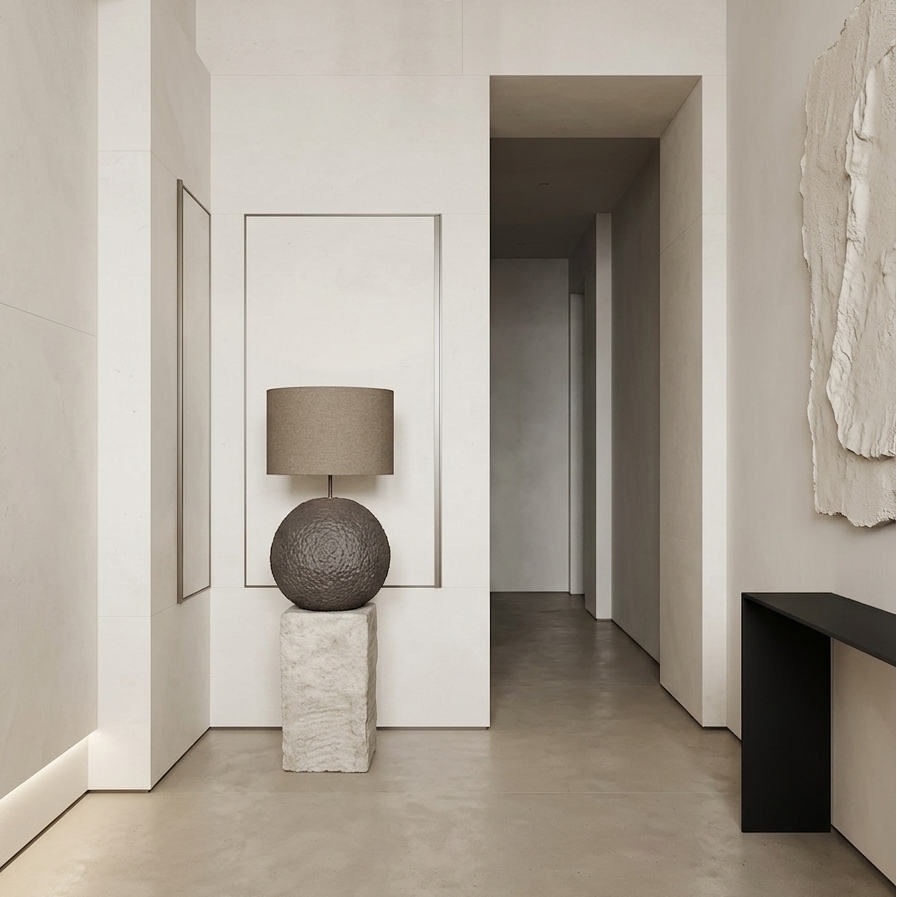 Orb 50 in greige concrete floor lamp with brown wool shade – Monolith collection
