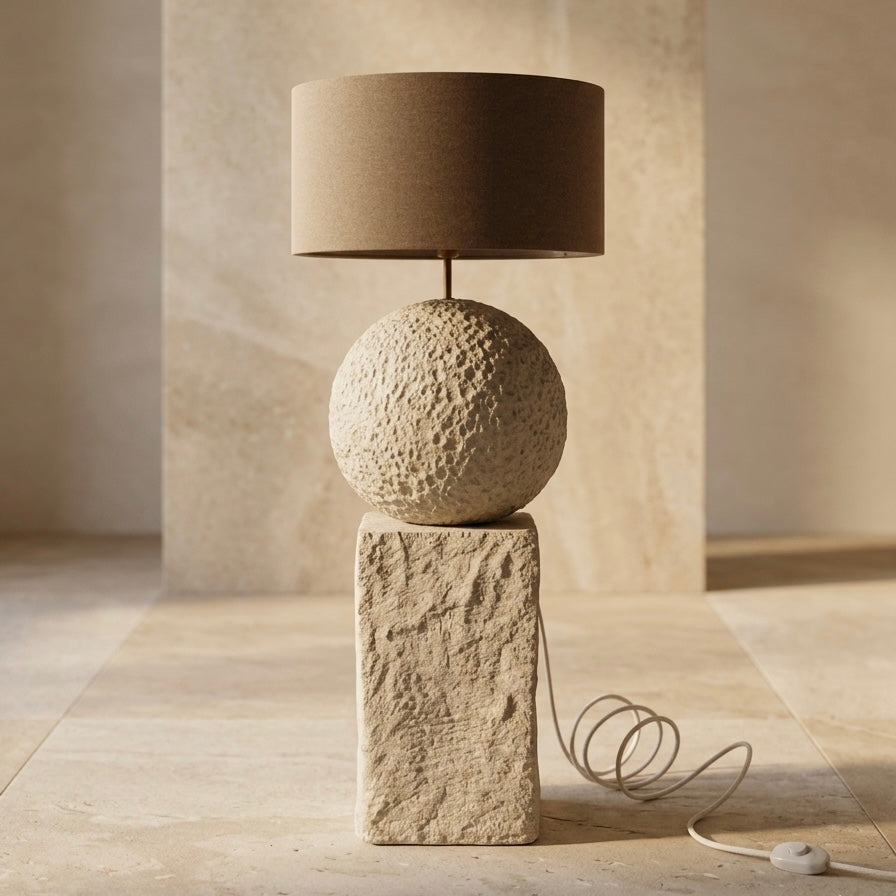 Lamp with textured base and brown shade on a wooden floor.