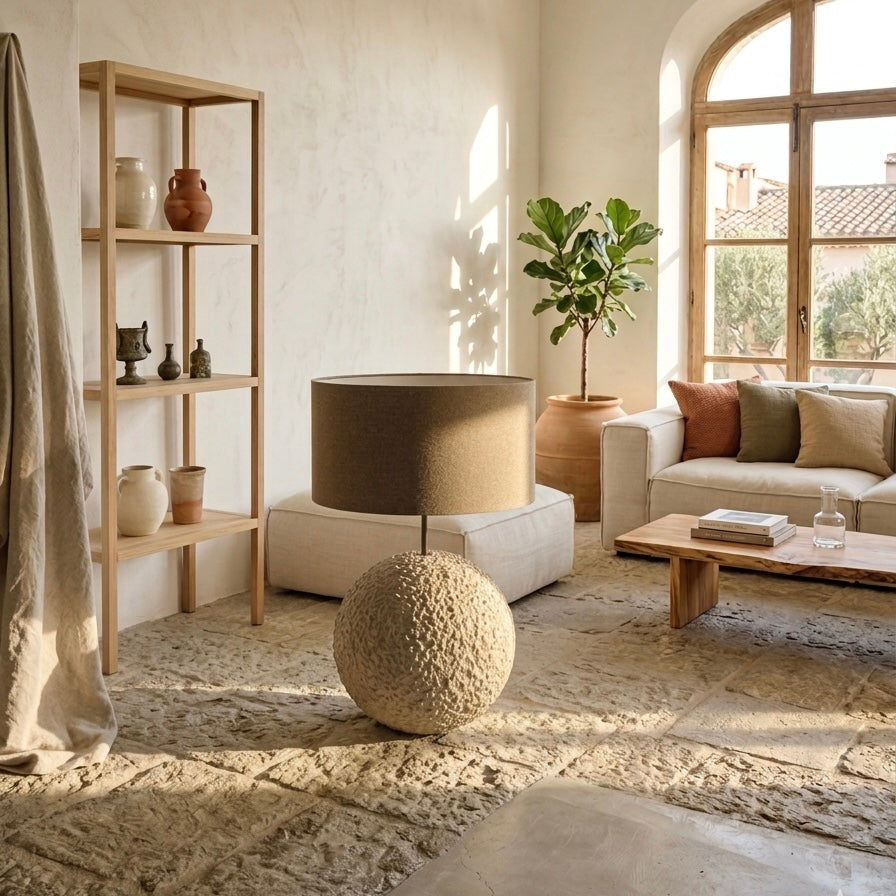Living room with a wooden shelf, round textured object, and a sofa with cushions.