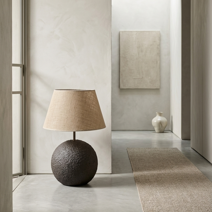 Orb 70 betonska podna ili stolna lampa u grež nijansi sa sjenilom od prirodne jute – Monolith kolekcija