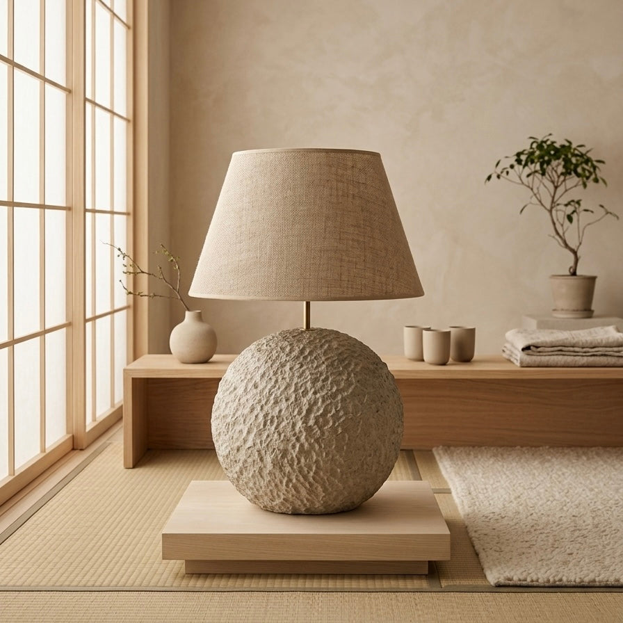 Decorative lamp with textured base in a room with large windows and minimal decor.