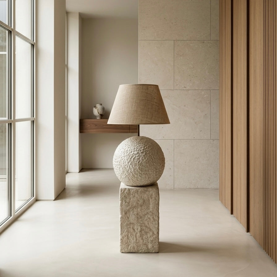 Decorative lamp with textured base and shade in a modern interior setting.