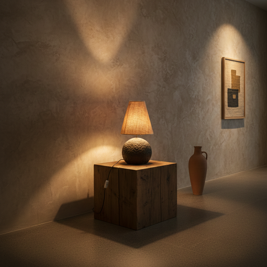Lamp on a wooden table in a dimly lit room with a vase and framed picture on the wall.