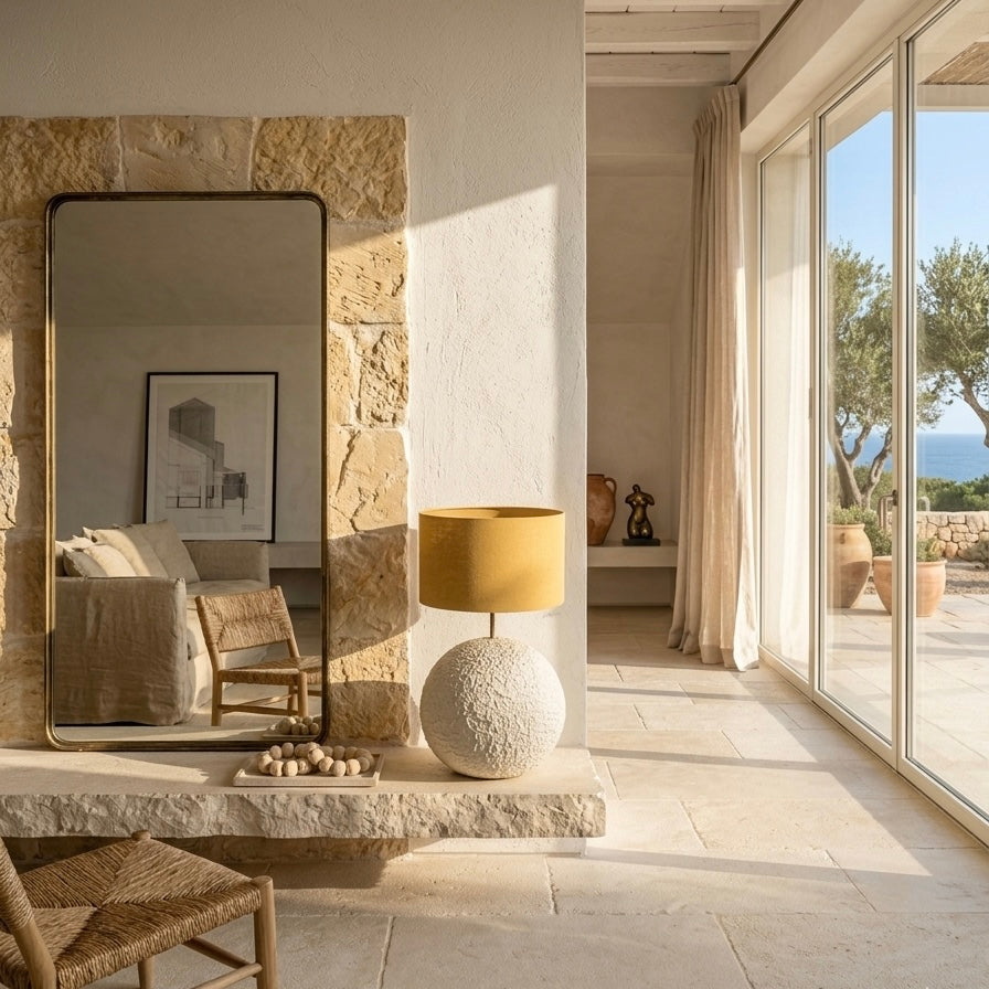 Modern interior with stone wall, mirror, lamp, and large windows overlooking a garden.