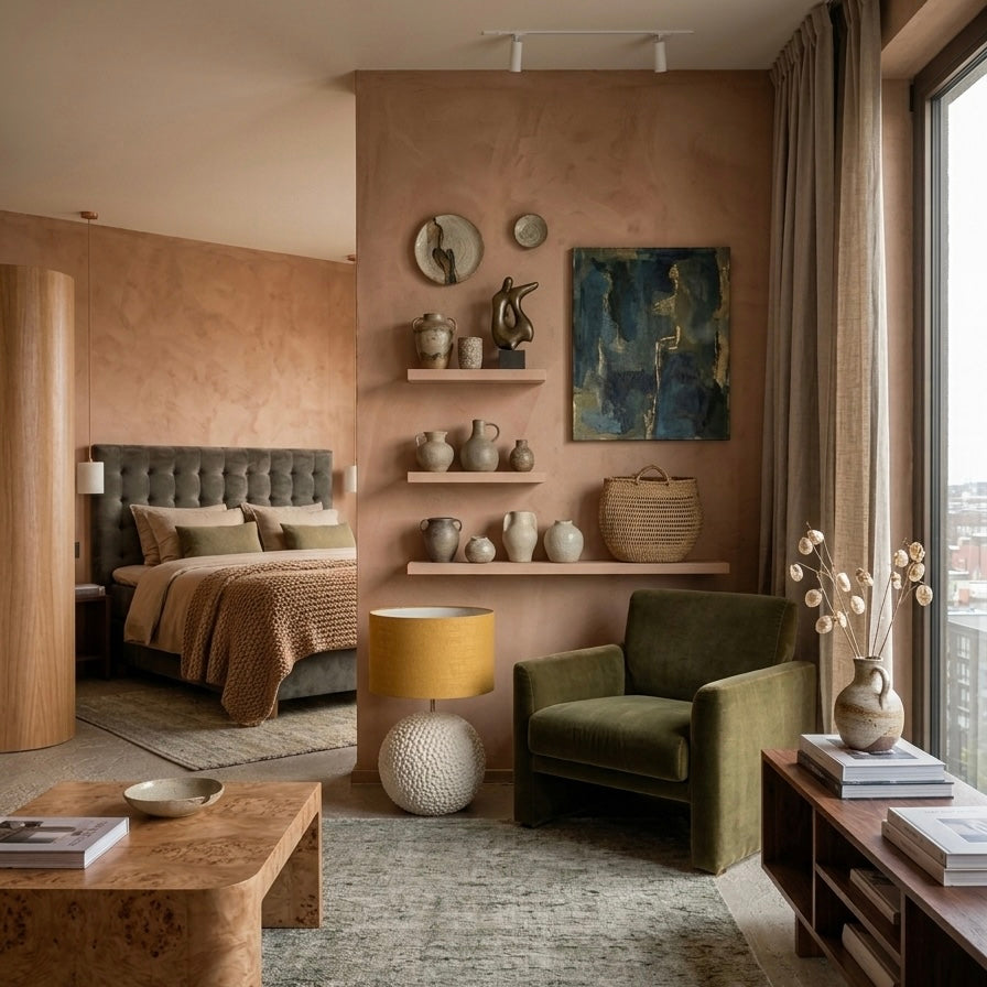 Orb 65 in Stone – Concrete Floor or Table Lamp with Mustard Wool Shade | Monolith Collection