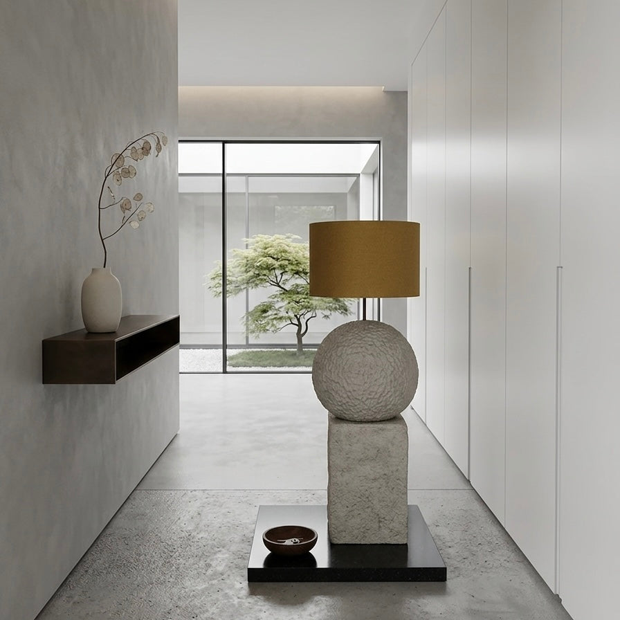 Modern interior with a unique lamp and decorative elements.