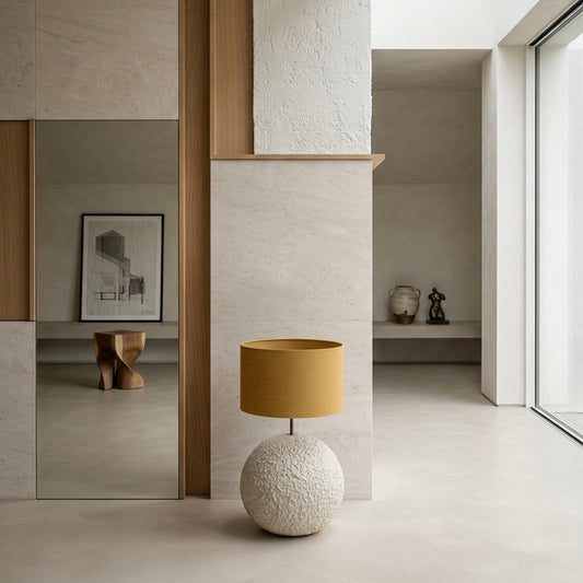 Modern interior with a textured floor lamp and reflective wall.