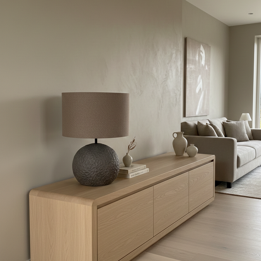 Modern living room with wooden console table, lamp, and sofa.