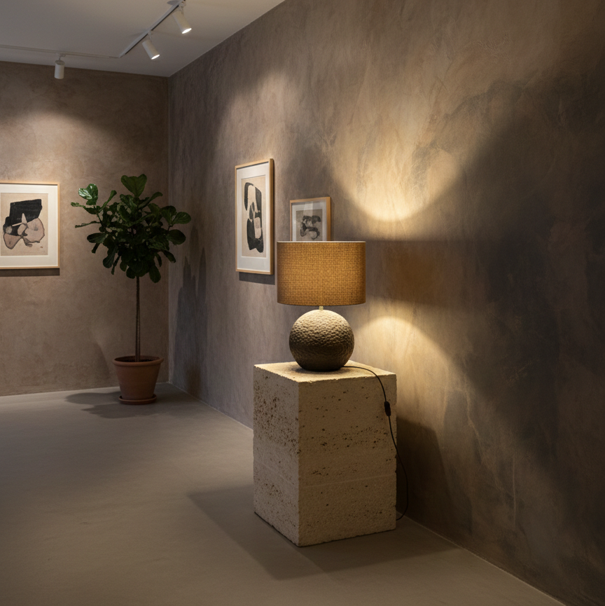 Modern interior with a lamp on a pedestal against a textured wall.