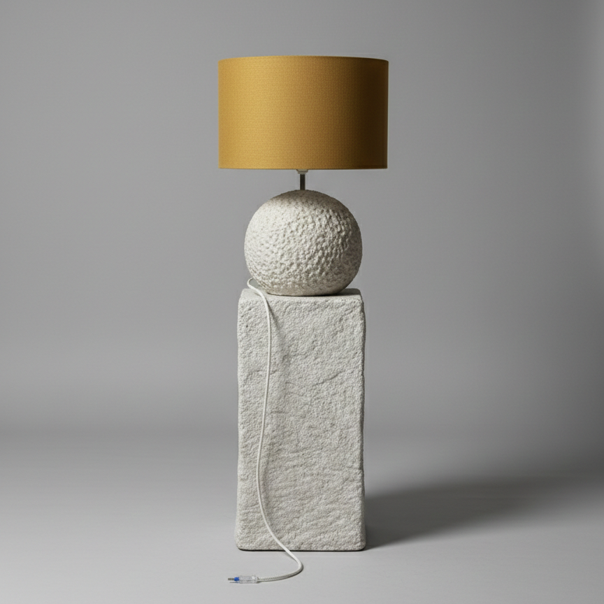 Orb 50 u boji stone – betonska stolna lampa s vunenim sjenilom u boji senfa | Monolith kolekcija