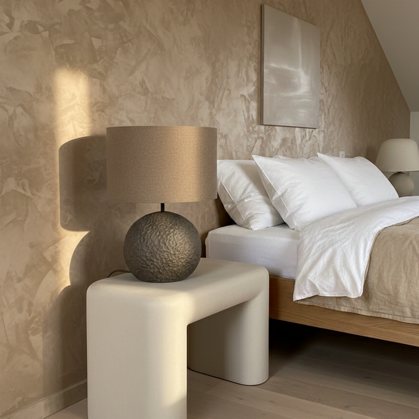 Modern bedroom with a bed, lamp, and side table against a textured wall.