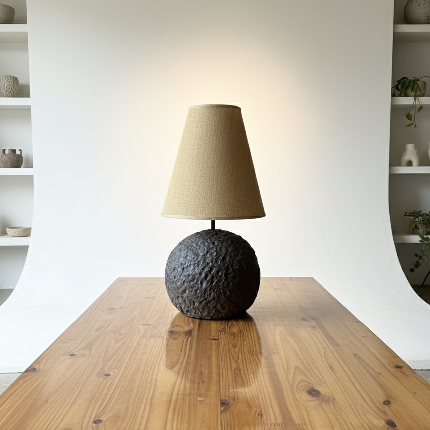 Table lamp with textured base and beige shade on a wooden table against a white wall.