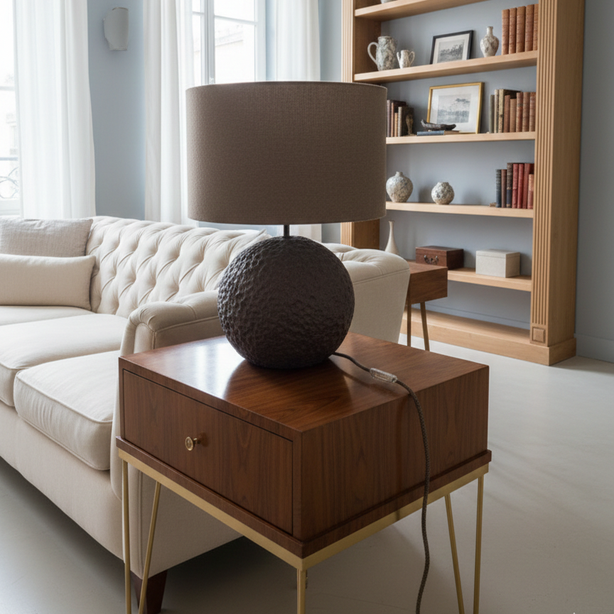 Living room with a lamp on a wooden side table, bookshelf, and sofa.