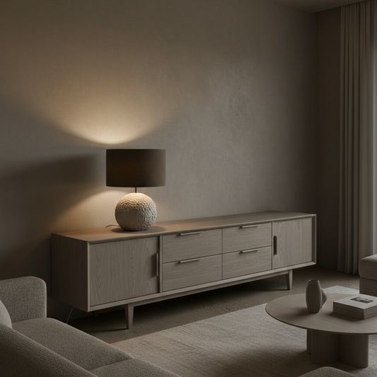 Orb 50 u boji stone – betonska stolna lampa sa smeđim sjenilom od vune | Monolith kolekcija