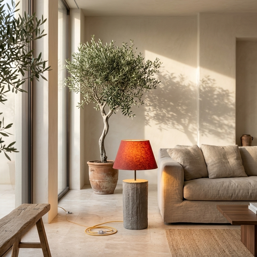 Minimalistička betonska podna lampa s toplim sjenilom u mediteranskom okruženju