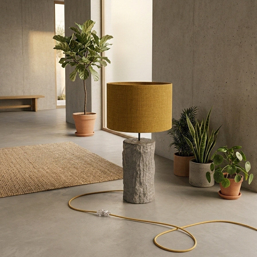 Pillar  siva betonska podna lampa sa sjenilom od vune u boji senfa
