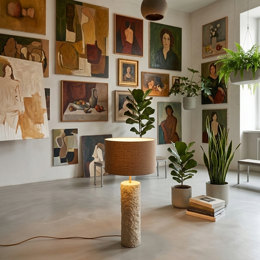 Pillar stone concrete floor lamp with cylindrical brown wool shade – Monolith collection