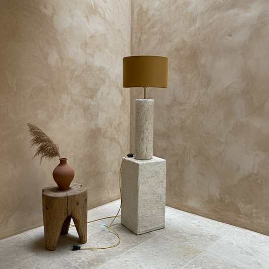 Pillar 90 stone concrete floor lamp with mustard wool shade – Monolith collection

