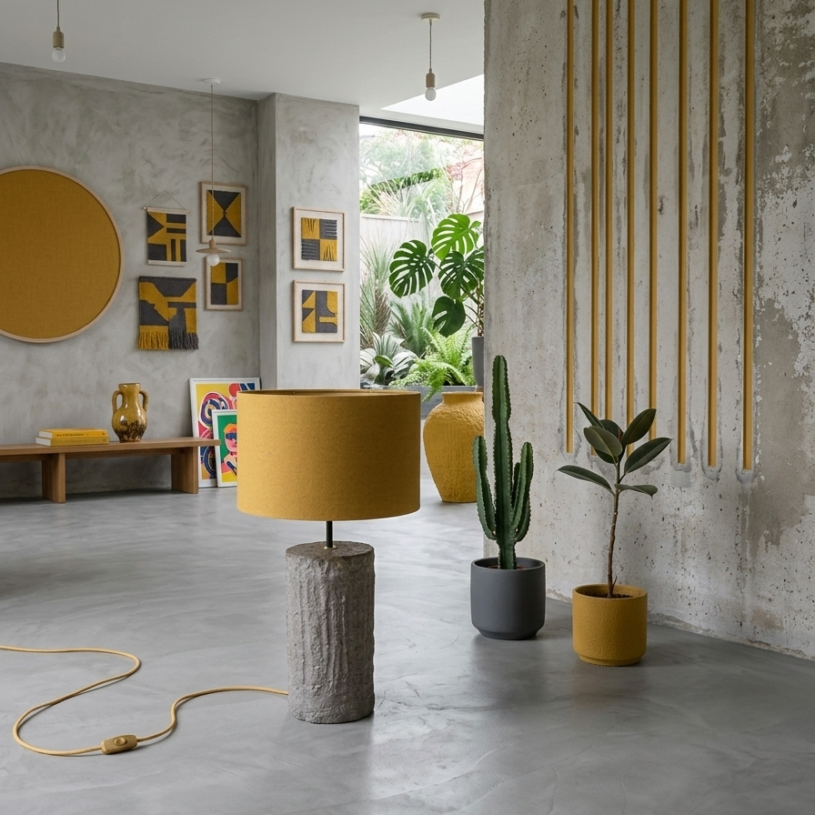Pillar grey concrete floor lamp with mustard wool shade – Monolith collection
