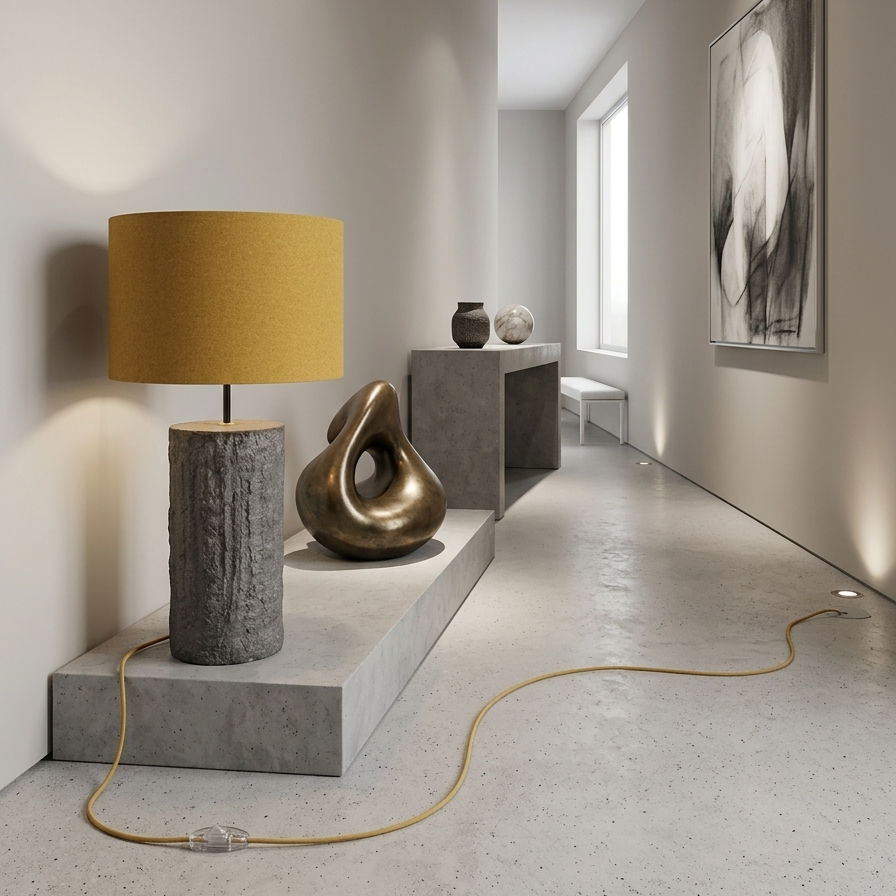 Moderna skulpturalna betonska podna lampa sa vunenim sjenilom
