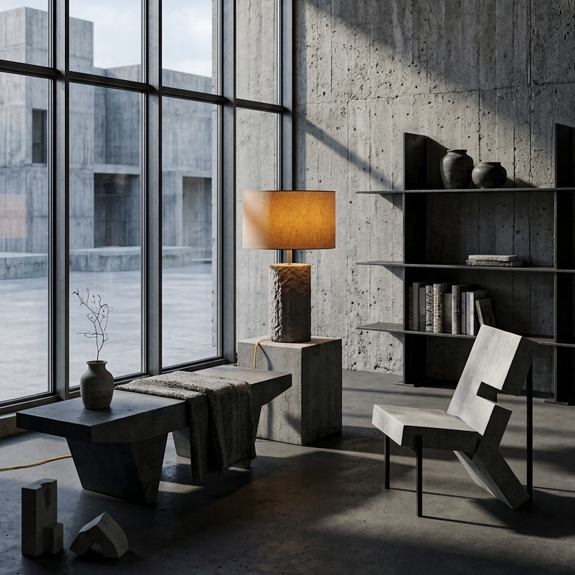 Modern interior with concrete walls, large windows, and minimalistic furniture.