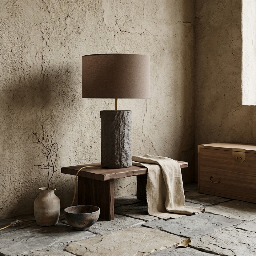Nestled corner with a textured wall, wooden bench, lamp, and decorative items.