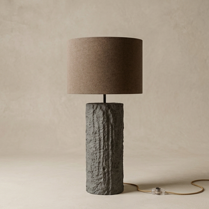 Table lamp with textured stone base and brown fabric shade on a beige background