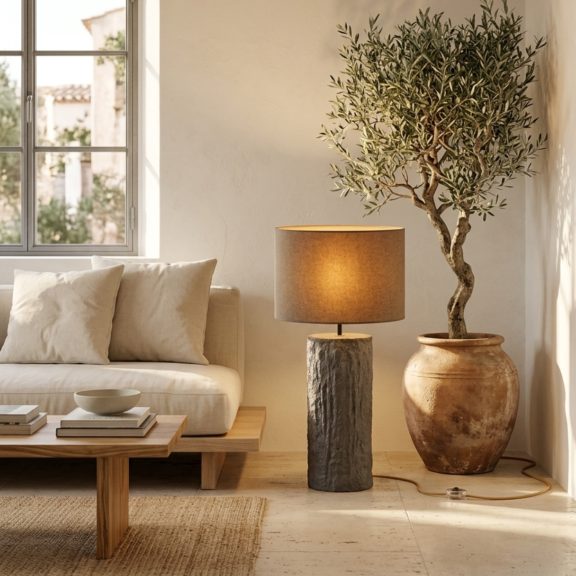 Modern living room with a lamp, tree, and sofa.