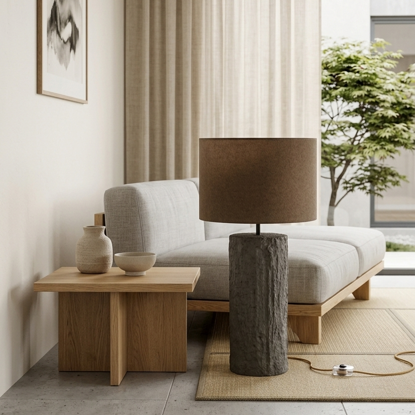 Modern living room with a gray sofa, wooden coffee table, and decorative lamp.