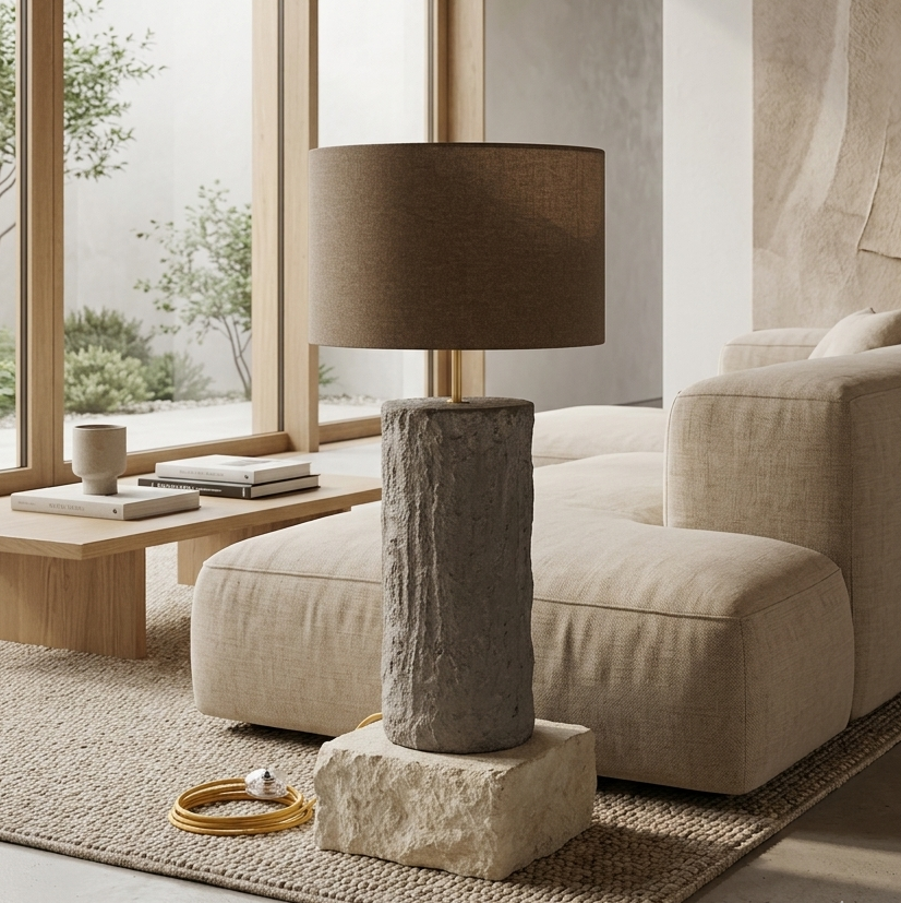 Pillar  grey concrete floor lamp with brown wool shade – Monolith collection