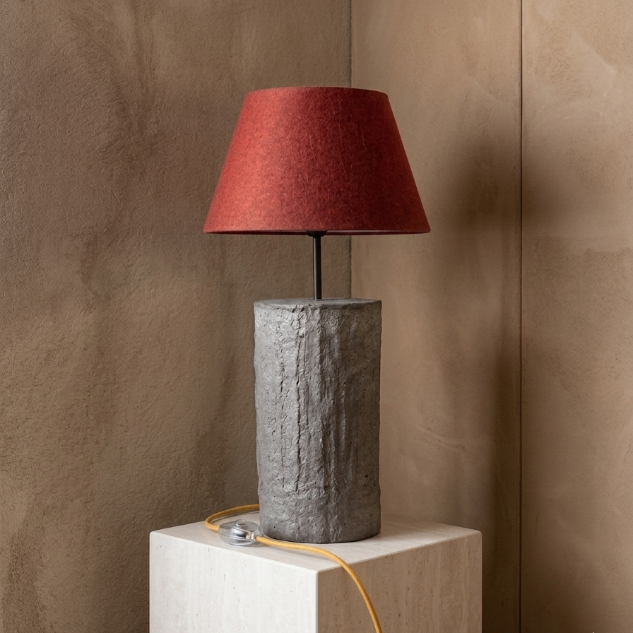 Betonska podna ili stolna lampa sa sjenilom od vune u crvenoj boji, ručni rad