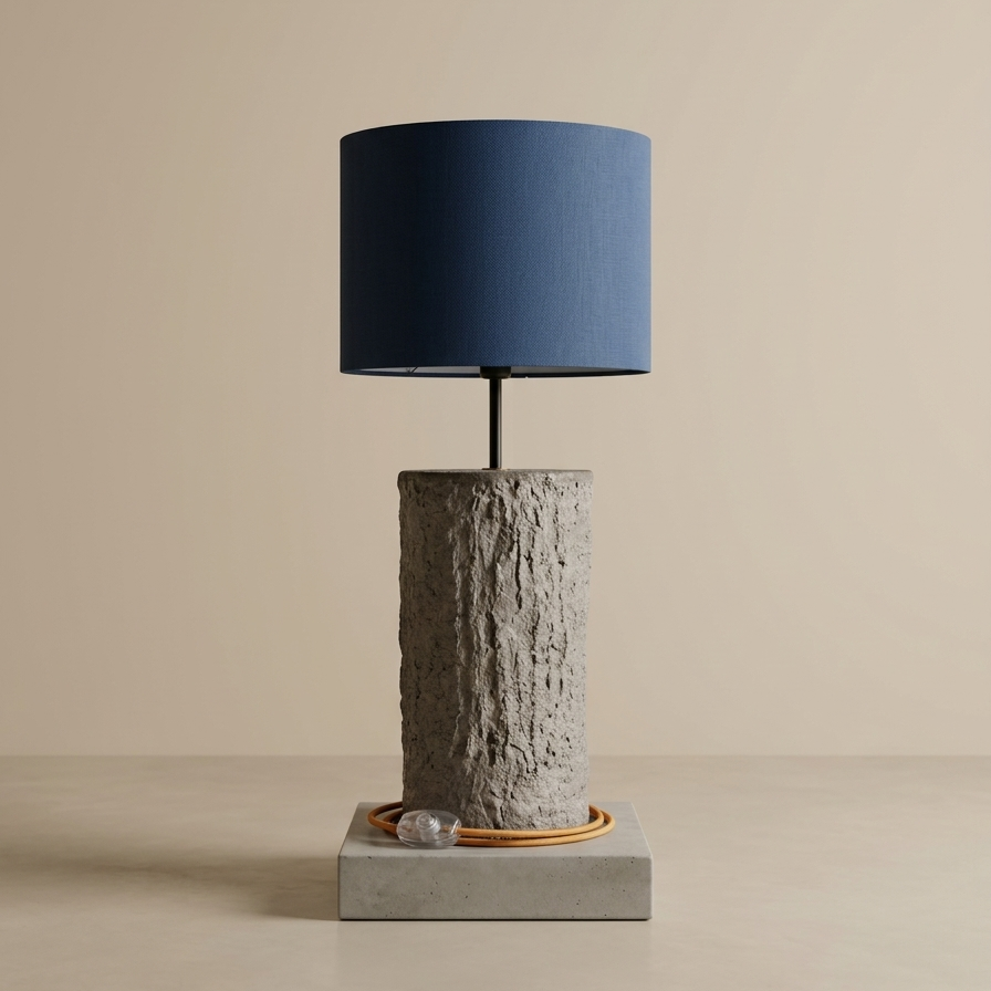 Pillar siva betonska podna lampa sa sjenilom od tekstila u plavoj boji
