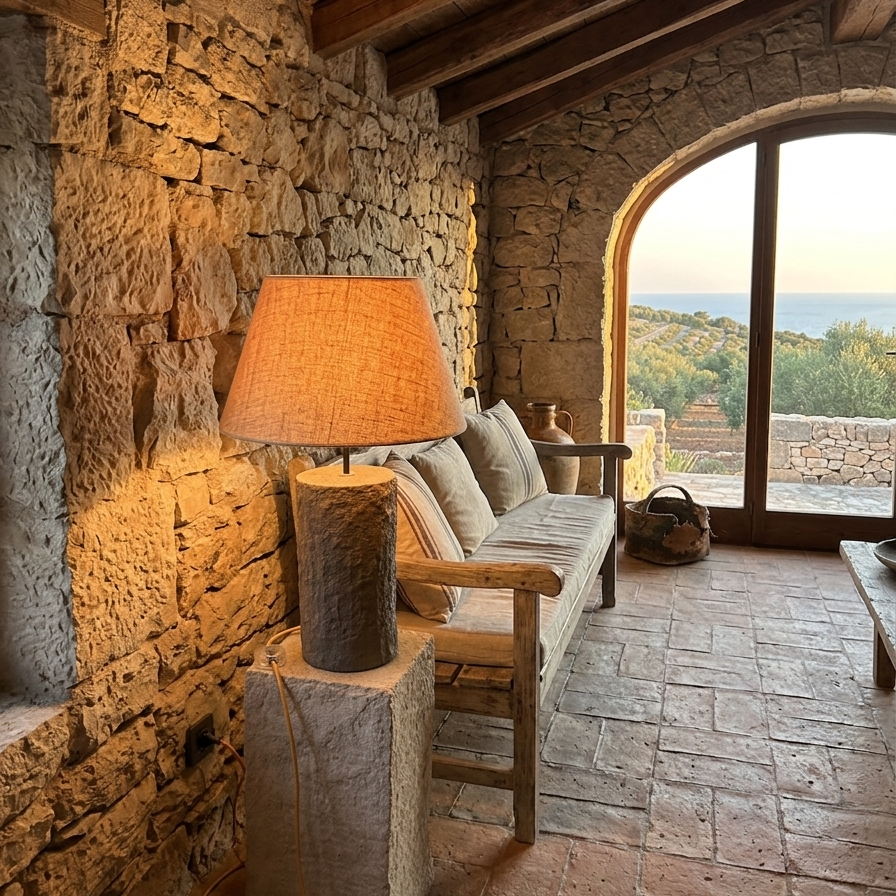 Pillar siva betonska podna lampa sa sjenilom od prirodne jute. ručni rad
