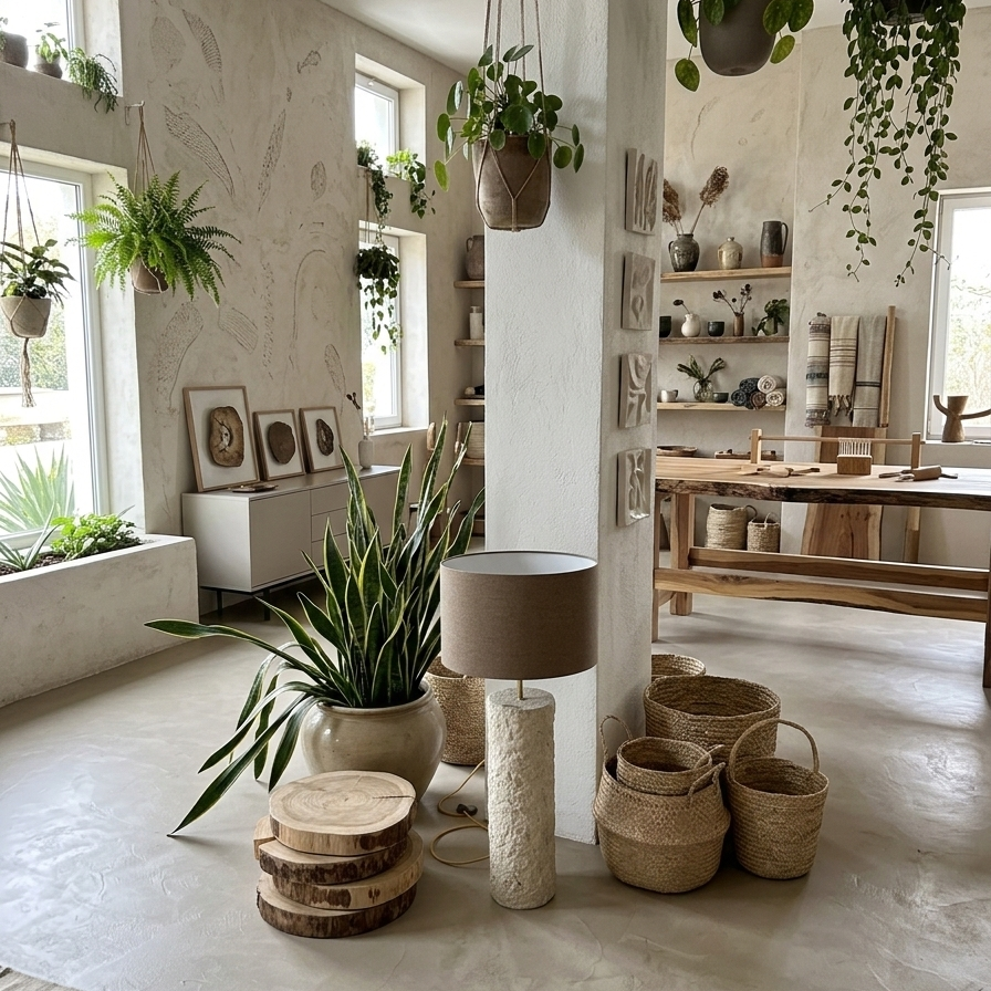 Handcrafted concrete floor lamp with brown tone wool lampshade